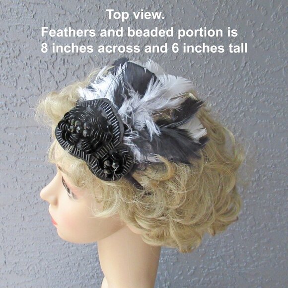 Fascinator / Headband, Black beads + black & white feathers on narrow black band - Picture 5 of 14